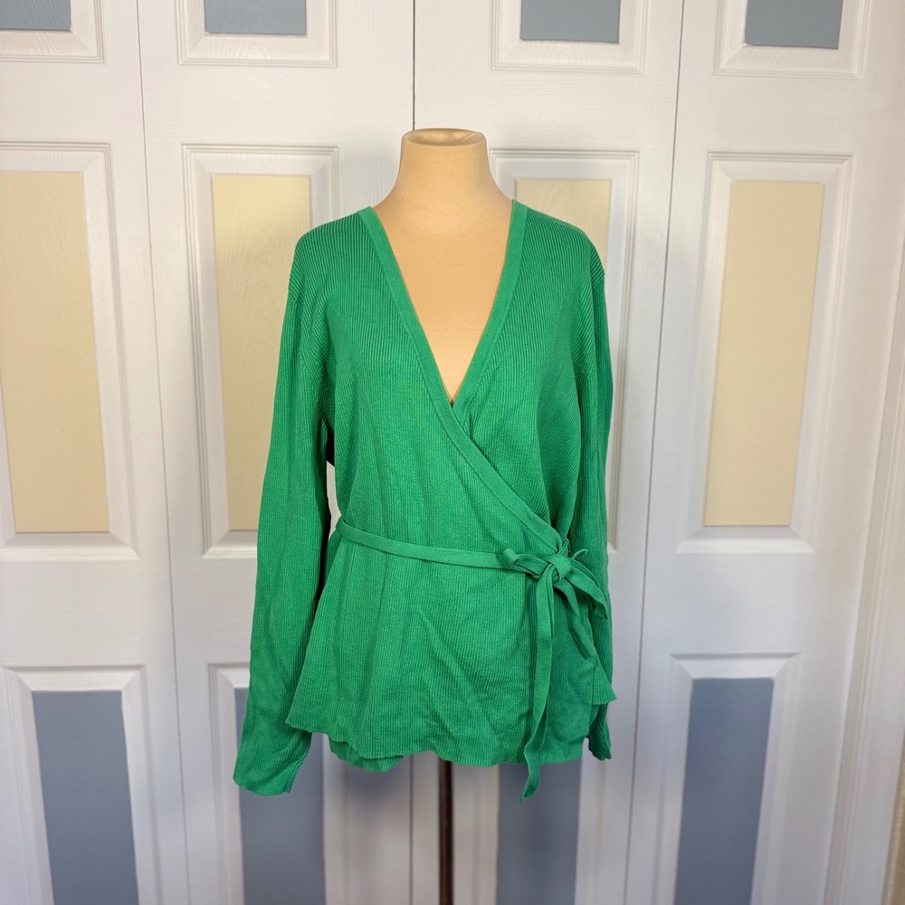 Cabi Green Ribbed Wrap Cardigan Sweater XL Surplice Tie Waist 6244 Womens